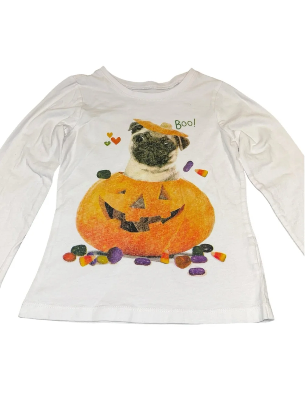 The Children’s Place Pug In A Pumpkin Halloween T Shirt Top Candy Corn Sz S 5/6